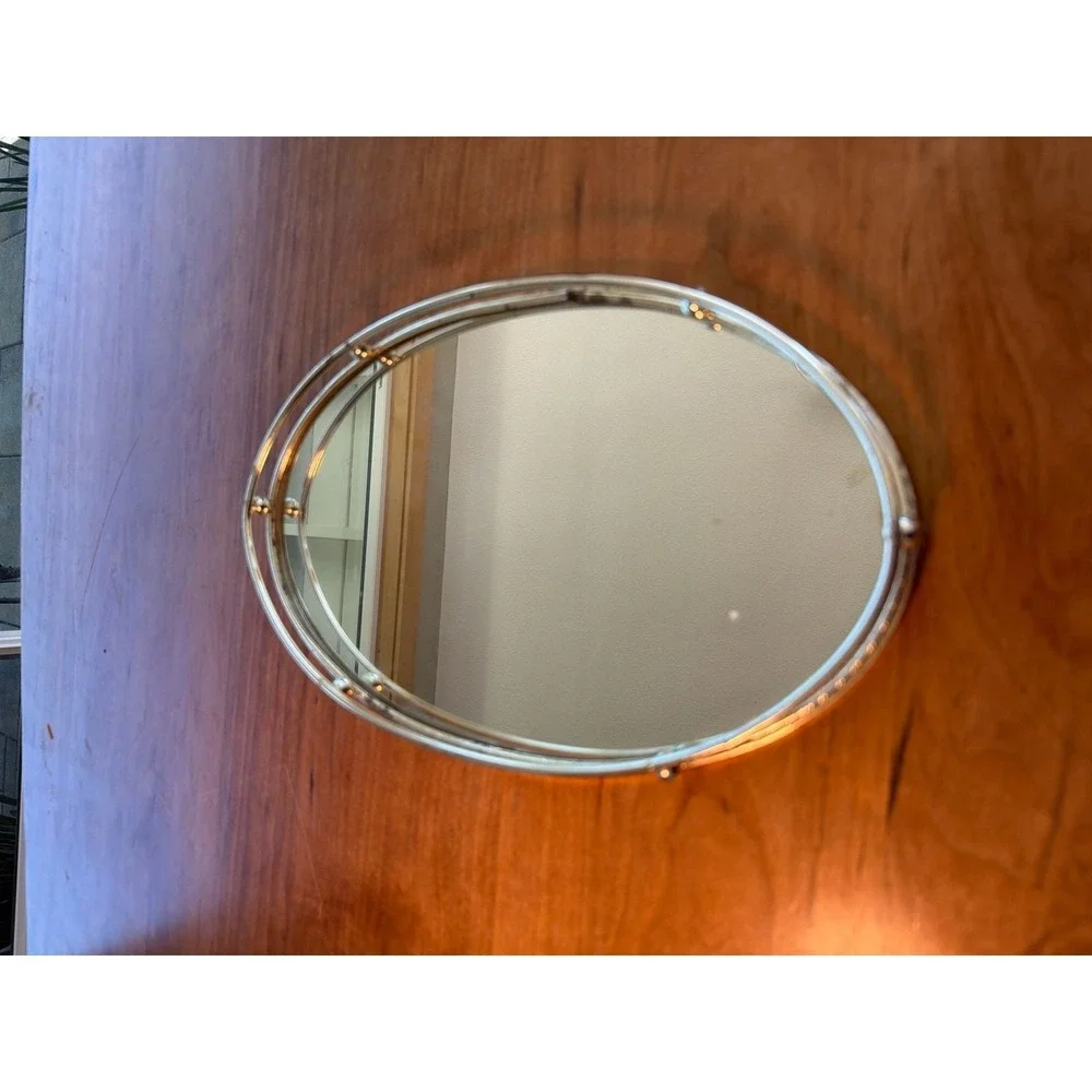 Vintage Mid-Century Hollywood Regency Oval Brass Mirrored Vanity Tray